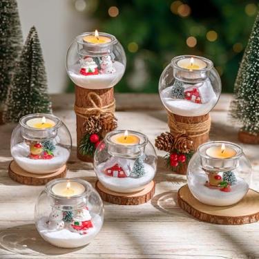 Imagem de Glasseam Suporte de vela de Natal DIY: 6 peças de castiçais votivos de vidro com 8 peças mini estatuetas de Natal enfeite de globo de neve DIY para mesa centro de mesa decorações Xmax 8 cm
