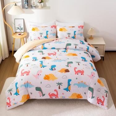 Imagem de Btargot Conjunto de edredom de 3 peças de dinossauro bege para meninas, meninos e crianças, conjunto de cama fofo de pelúcia, tamanho casal