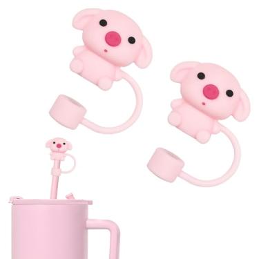 Imagem de WELTAZ Topo de palha de porco reutilizável, acessórios de copo Stanley de silicone rosa, capa de canudo de 10 mm, conjunto de 2, pode ser lavado na lava-louças, decoração de festa de aniversário para