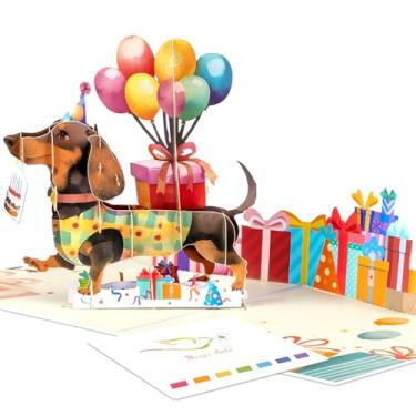 Imagem de Cartão de aniversário 3D engraçado para cães Dachshund - Cartão Pop Up engraçado para mulheres, homens, crianças amantes de cães - com motivo de presente e balão - Inclui envelope e cartão de notas