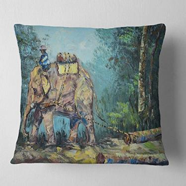 Imagem de Designart Elefante arrastando troncos, manta de animal para sala de estar, sofá, enchimento de almofada + capa de almofada impressa em ambos os lados 45,72 x 45,72 cm