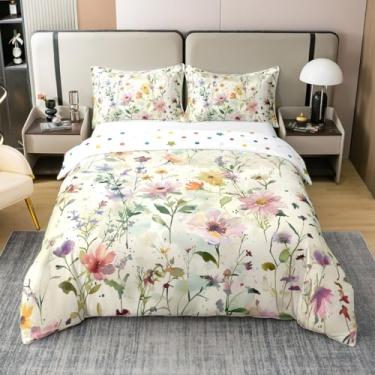 Imagem de Erosebridal Capa de edredom floral, 100% algodão, tamanho Queen, aquarela, flores, roupa de cama para crianças, meninas, mulheres, pintura a óleo, estética, amarelo claro, conjunto de cama macio e