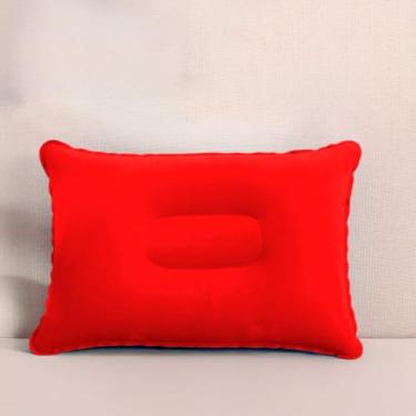 Imagem de Travesseiro Almofada Inflável de Viagem, 31 x 20 cm, Material PVC Aveludado, Dobrável e Compacto, Antiderrapante para Descanso, Dobrável Ideal para Camping, para Escritório e Viagens - Vermelho