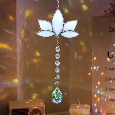 Imagem de Tapeçaria de vitral flor de lótus com cristais naturais, decoração de prisma grande para amantes de plantas, presentes de plantas para mulheres, avó, dia das mães, Natal (cristal colorido)