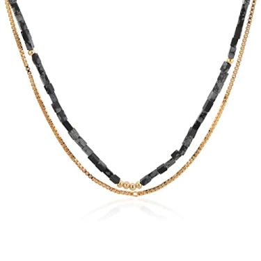Imagem de Gem Stone King Colar feminino banhado a ouro amarelo 18K com contas e contas pretas duplas ajustáveis até 45,7 cm, com fecho lagosta