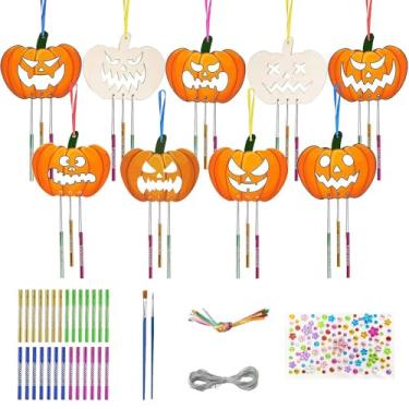 Imagem de Pacote com 9 kits de sinos de vento de abóboras para crianças, sinos de vento de Halloween, sinos de vento de abóbora, sinos de vento, artes e artesanato de madeira para crianças, decoração de festa