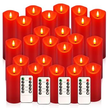 Imagem de fclayvts Velas LED sem chama com controle remoto, conjunto de 24 velas vermelhas cintilantes, pilares realistas operadas por bateria para Halloween, Natal, Ano Novo, decoração de casa, festas