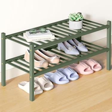 Imagem de Smiry Sapateira de bambu para armário, organizador de sapatos empilhável de madeira de 2 níveis, prateleira de armazenamento de sapatos de pé livre para entrada, entrada da porta da frente, verde