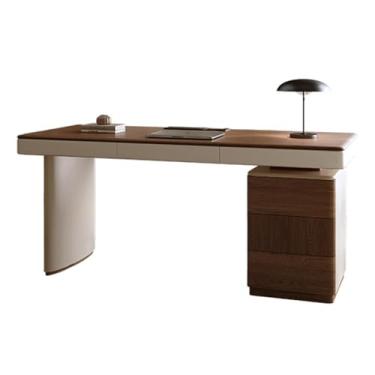 Imagem de Mesa para sentar e levantar Mesa de PC com carregador, mesa escritório moderna acabamento em nogueira, gaveta e armário arquivo(L)