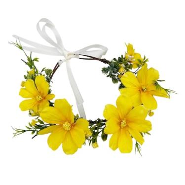 Imagem de KorViSHOW Tiara com coroa de flores amarelas, tiara floral boho artificial, margarida, floresta, floresta, para mulheres, meninas, aniversário renascentista, noiva, festa de casamento, acessórios de