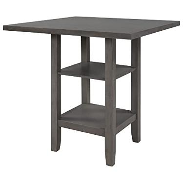 Imagem de Mesa de jantar quadrada de madeira com prateleiras de armazenamento de 2 camadas para fazenda, restaurante, casa, cozinha, sala de jantar (expresso) (cinza)