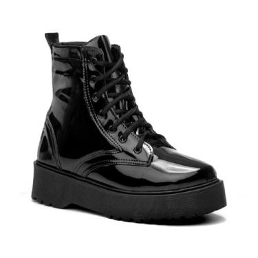 Imagem de Bota Atikkos Coturno Solado Tratorado Casual Feminino, Preto verniz, 3
