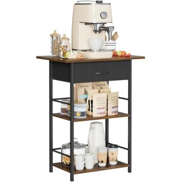 Imagem de NEYCIL Prateleira para padeiros de cozinha com gaveta de armazenamento, mesa de café pequena, 3 camadas, suporte de micro-ondas, organizador de utensílios de cozinha independente, marrom rústico