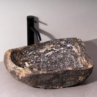 Imagem de MIDUSO Pia de embarcação de pedra irregular 100% feita à mão; pia de pedra real; pia de embarcação exclusiva; acima do balcão; pia de rocha de rio; banheiros rústicos de pias; Irre RiverStone 246