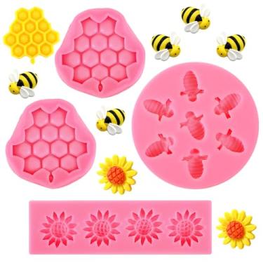 Imagem de 4 peças de molde de silicone para pente de mel, moldes de fondant de abelha bumble molde de girassol para decoração de bolos de cupcake artesanato de doces de chocolate (rosa)