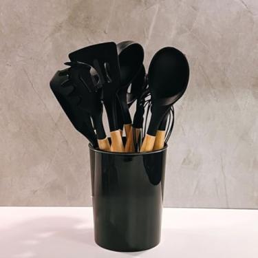 Imagem de Kit C/12 Peças Utensílios De Cozinha Colheres Espatula Silicone Cabo Madeira Decoração Livre BPA(preto)