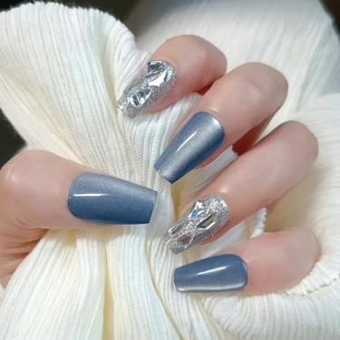 Imagem de Unhas postiças curtas curtas médias olho de gato azul olho de gato com design de strass 3D, cobertura completa, cola artificial em bastão falso em acrílico para mulheres, uso diário, 24 peças