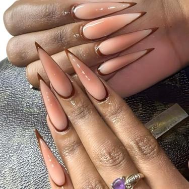 Imagem de Pregos de pressão stiletto médio longo marrom francês cola falsa unhas com design simples ombré nude cobertura completa bastão falso artificial em unha de acrílico para mulheres uso diário, 24 peças