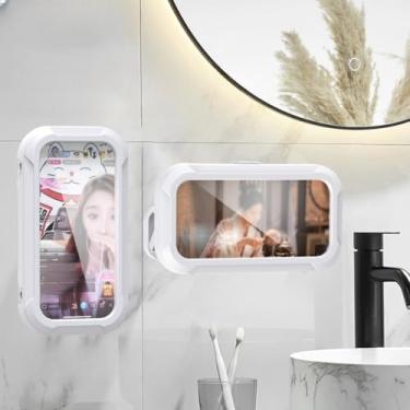 Imagem de Suporte de telefone giratório à prova d'água atualizado com braço ajustável, caixa de montagem na parede para pia do banheiro, capa com tela sensível ao toque, suporte ABS giratório de 360° (roxo)