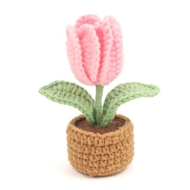 Imagem de Solarfun Vaso de Tulipa de Crochê Artesanal – Mini Planta Decorativa de Crochê, Presente de Escritório em Casa para Colegas de Trabalho e Professores, Rosa