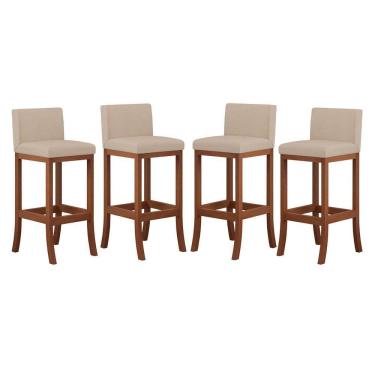 Imagem de Kit 4 Banquetas Média Encosto Estofado 38x90Cm Ilha Espanha Madeira Maciça Castanho Suede Bege CCS
