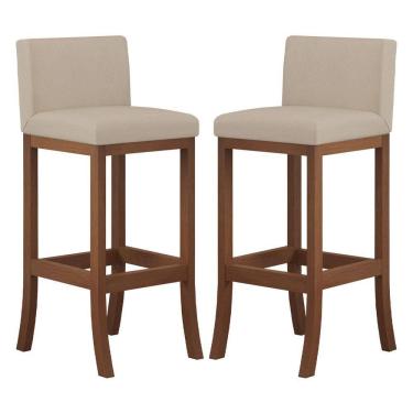 Imagem de Kit 2 Banquetas Alta Encosto Estofado 38x100 Cm Ilha Espanha Madeira Maciça Castanho Suede Bege CCS
