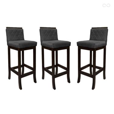 Imagem de Kit 3 Banquetas Alta para Bancada de Cozinha Nice Madeira Maciça Matelassê Suede Cinza CCS