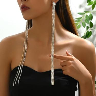 Imagem de 1 par de brincos de franja de diamante, brincos longos com zircônia cúbica brilhante, brincos de borla elegantes para mulheres, joias glamorosas de festa noturna (prata)