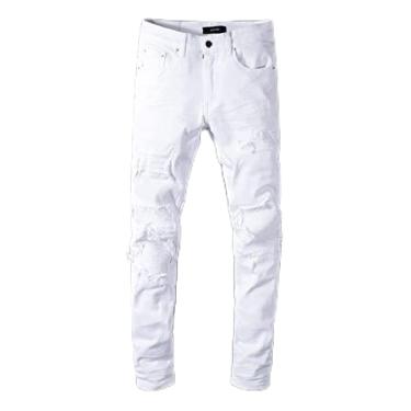Imagem de KRASS Jeans masculino branco skinny motociclista moda rasgada patchwork jeans para homens streetwear jeans, branco, código 30, colecionador88