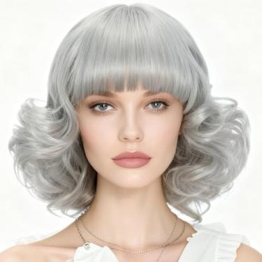 Imagem de Peruca Bob curta cinza com franja para mulheres, perucas de cabelo natural encaracolado sintético cinza para fantasia cosplay uso diário (cinza)