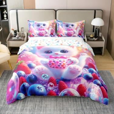 Imagem de Jogo de cama Kawaii Cat Cup 100% algodão tamanho casal aquarela mirtilo starwberry sonhador bolhas jogo de cama para crianças meninas adolescentes bonito desenho animado laço gatinho, capa de colcha