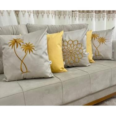 Imagem de Kit 5 Capas de Almofadas Decorativas 45x45cm em Tecido Suede com Bordado e Zíper Invisível – Sofá, Cama e Poltrona(DOURADA C/DUPLO)