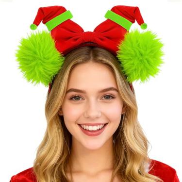 Imagem de QLINLEAF Green Monster Furry Headband Halloween Bow Headband with Christmas Green Furry Mouse Ears Headbands New Year Headwear