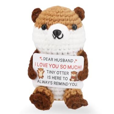 Imagem de Lontra positiva, linda lontra de crochê feita à mão com cartão de incentivo, pelúcia emocional, suporte positivo, brinquedo animal, brinquedo de tricô, presente de incentivo e decoração (pulseira)