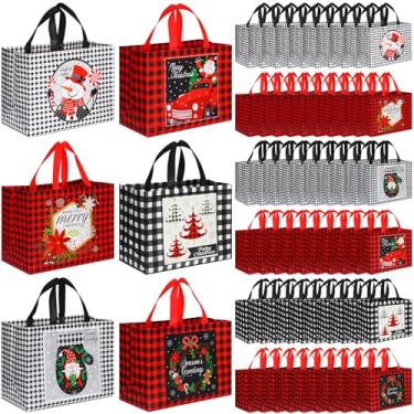 Imagem de Sanwuta 150 unidades de sacos de Natal a granel para presentes 32,5 x 25 x 17 cm grande Buffalo xadrez, sacolas de supermercado, reutilizáveis, não tecido, vermelho, branco, preto, presente com alças