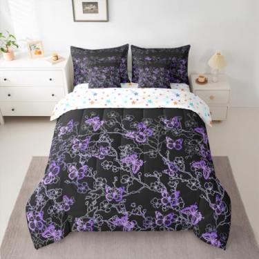 Imagem de Feelyou Jogo de cama casal de 7 peças com estampa de borboleta, para crianças, meninos, roxo, lindas borboletas, para decoração de quarto, microfibra leve e macia