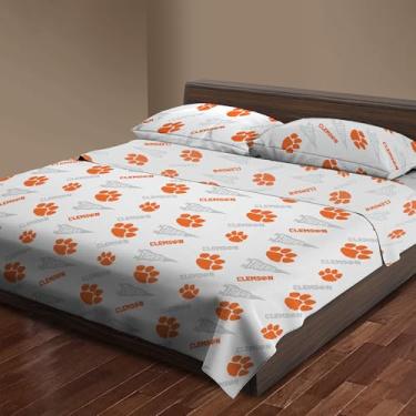 Imagem de Northwest Jogo de lençol tamanho Queen oficialmente licenciado Clemson Tigers NCAA – Roupa de cama com logotipo do time para dormitórios universitários, fãs de basquete e futebol, cavernas de fãs e