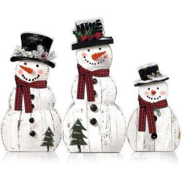 Imagem de 3 peças, boneco de neve, decoração de Natal, decorações de mesa de madeira de inverno, placa de centro de mesa de boneco de neve rústica, placa de bloco, estatueta de mesa de Natal, festa, interior
