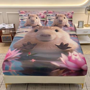 Imagem de AILONEN Jogo de lençol casal Kawaii Capivara com estampa de lótus rosa 3D Capivara para crianças - Jogo de lençol com bolso profundo e 2 fronhas - 3 peças