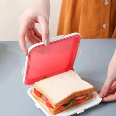 Imagem de Recipiente para sanduíche com tampa de encaixe, lancheira portátil de silicone com fivela – Recipiente reutilizável à prova de vazamento para pão, frutas, salada, lanches e sanduíches