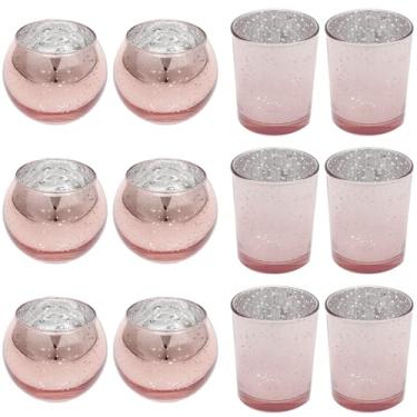 Imagem de 12 peças de suporte de vela votiva de vidro, 2 estilos de suporte de luz de chá, lâmpada vintage de aromaterapia para decoração de casa, mesa central, decoração de casamento e festa de Natal (rosa)