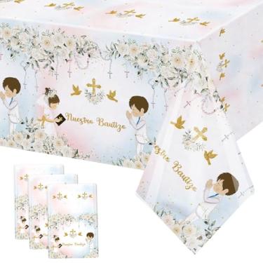 Imagem de MEHOFOND 3 toalhas de mesa grandes Nuestra Bautizo, 108 x 54 azul e rosa floral Primera Comunión, decoração de festa de plástico para primeira comunhão, decoração de batismo de Deus abençoe