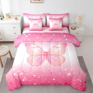 Imagem de Feelyou Conjunto de edredom fofo de borboleta com estampa estrelada de 7 peças, tamanho casal, para crianças, meninos, meninas, borboletas, para decoração de quarto de princesa, macio