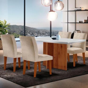 Imagem de Sala De Jantar Mesa Olimpia Canto Reto Com 4 Cadeiras Grecia Creme/off White/imbuia Ripado