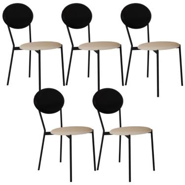 Imagem de Kit 05 Cadeiras Estofada Para Sala De Jantar Azuri Preto C01 Linho Areia Courino Preto - Lyam Decor