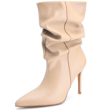 Imagem de Perisis Botas femininas de cano médio despojadas, salto alto, bico fino, botas confortáveis para outono e inverno, PU creme, 35