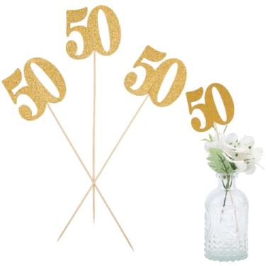 Imagem de SOFPLATE 12 peças de palitos de mesa de centro de aniversário de 50 anos número 50 topos de bolo em massa com glitter etiqueta de papel bastão de madeira 50 decoração de bolo para festa de aniversário