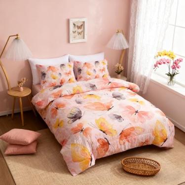 Imagem de Btargot Conjunto de edredom feminino com estampa de borboleta, estampa colorida em bastão de tinta colorida, laranja, casal