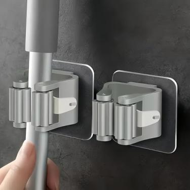 Imagem de 2 peças de suporte de esfregão para economia de espaço – clipe de parede sem perfuração para organização de vassoura e banheiro - cinza