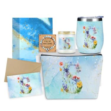 Imagem de Presentes personalizados monograma presentes de aniversário para mulheres, mãe nova, avó dia dos namorados obrigado Natal, copo de vinho inicial bolsa de maquiagem conjunto de pulseira de vela